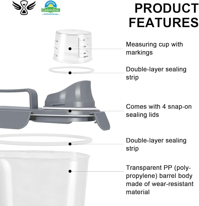 LEAWALK Airtight Rice Storage Container, 7-10Lbs Cereal Dry Food Flour Bin, Pet Dog Cat Food Dispenser with Measuring Cup, BPA Free Plastic Kitchen and Pantry Organization Bin for Sugar-Gray