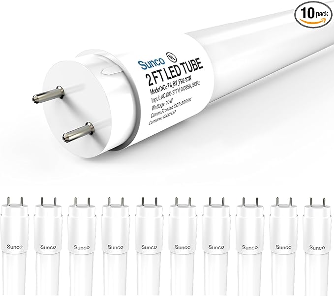 Sunco 10 Pack 2ft LED T8 Clear Glass Tube for Indoor Replacement Fluorescent Commercial Office Hallway Warehouse, Type B, 10W 1200 Lumens, 5000K Daylight, Non-Dimmable, 100-277V, 50,000 Hour Lifetime
