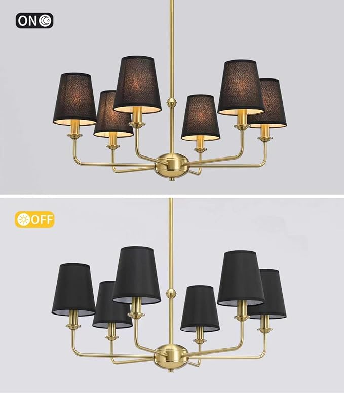 6-Light Brushed Gold Chandelier with Black Fabric Shades, Modern Brushed Brass Chandelier Light Fixture, E12 Base Hanging Pendant Light for Dining Room Living Room Bedroom Kitchen Island Foyer