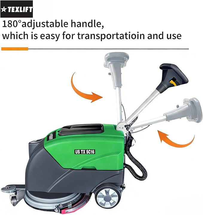Walk-Behind Commercial Floor Scrubber Machine, 16″ Cleaning Width, Battery Powered Scrubber Dryer with 9 Gal Tank for Warehouse, Retail & Facility Cleaning (US-TX-SC16)