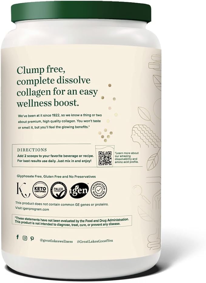 Great Lakes Wellness Collagen Peptides Powder – Supports Skin, Hair, Nails, Joints & Digestion – Hydrolyzed, Quick Dissolve, Non-GMO, Keto & Kosher – Pure Collagen Protein (32 oz, 45 Servings)