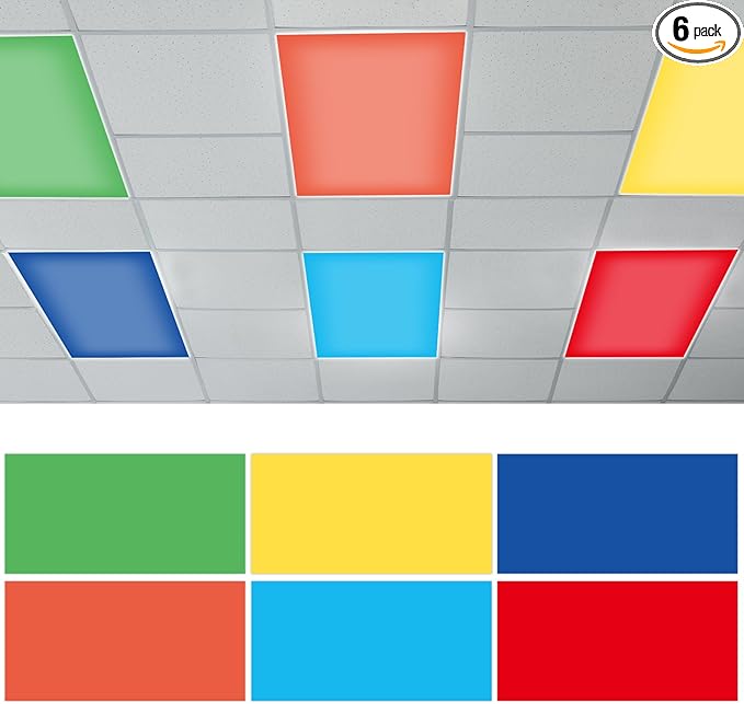 QOUBAI 6 Pcs Fluorescent Light Covers with 60 Magnets,4 x 2 Ft Magnetic Light Filters Fluorescent Lights Shade Easy Install for Classroom Office Library Hospital Home Ceiling Rainbow Colors