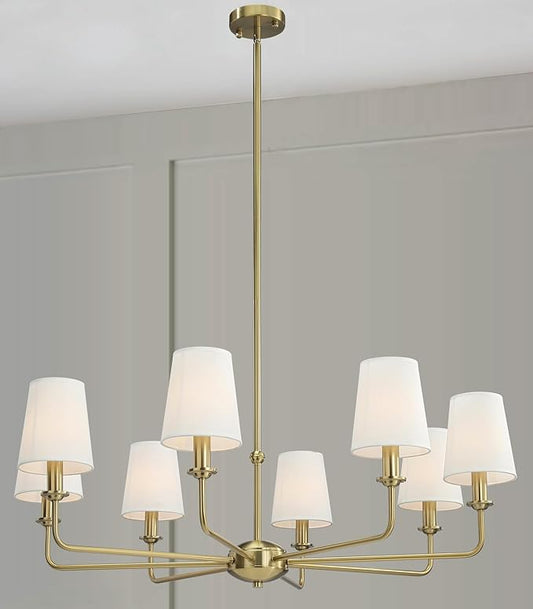 40.5'' 8-Light Brushed Gold Chandelier, E12 Base, White Fabric Shade - Farmhouse & Industrial Style Pendant Light for Dining Room Living Room Bedroom Kitchen