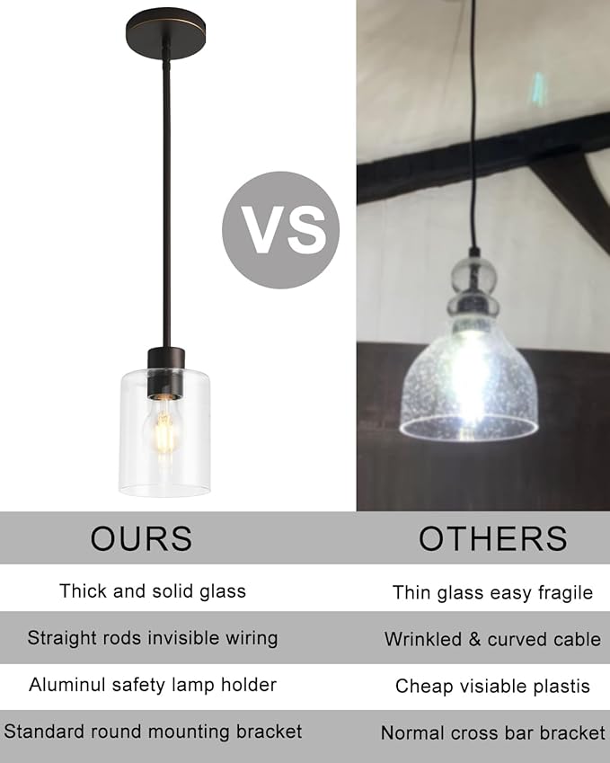 2 Pack Brown and Gold Pendant Lights for Kitchen Island, Modern Brown Hanging Light with Clear Glass Shade, Adjustable Metal Rod Pendant Lighting for Dining Room, Bar, Living Room