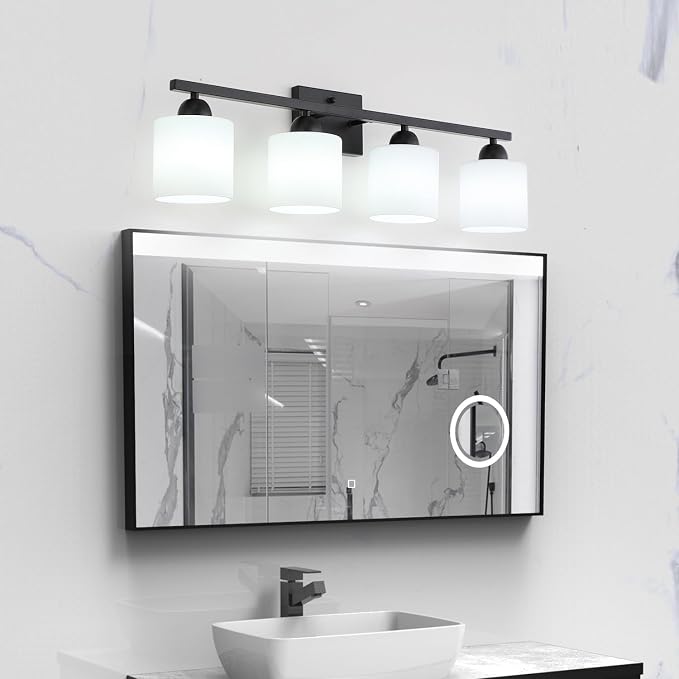 Mecgirn Milk Glass Vanity Lights for Bathroom, 4 Light Matte Black Bathroom Light Fixtures Over Mirror, Ceramic E26 Sockets Wall Mounted