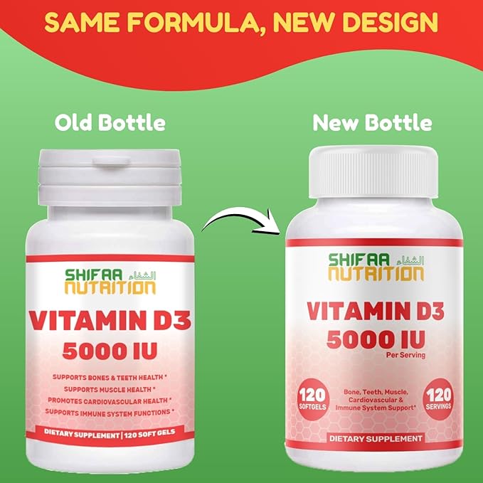 SHIFAA NUTRITION ハラルビタミンD、ハラルビタミンD3、5000 IU ソフトジェル、120回分。非遺伝子組み換え、グルテンフリー、サポート：構造、骨、歯、心臓、筋肉、免疫機能