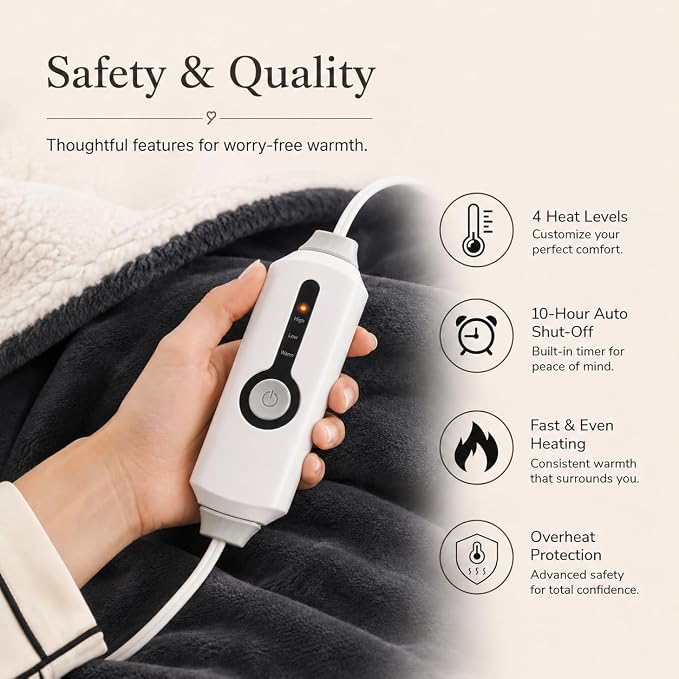 Electric Heated Blanket Full Size 72"x84" – ETL Certified for Safe Overnight, 4 Heat Settings & 10H Auto Off, Dual-Sided Microplush Sherpa for Home Theater Night, Machine Washable – Iron Gray