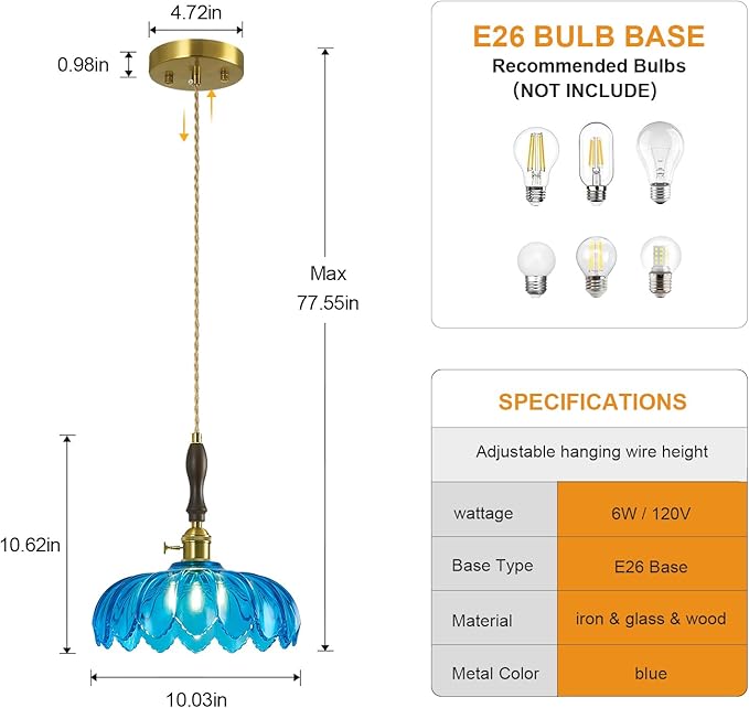 Modern Blue Glass Pendant Light Retro Flower Glass Hanging Lamp Gold Brass Decorative Adjustable Ceiling Hanging Light Suitable for Kitchen Island Bedroom Dining Room Living Room