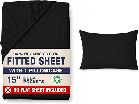 LANE LINEN Twin Fitted Sheets, 100% Organic Cotton 2-Piece Set (1 Fitted Sheet, 1 Pillowcase), Percale Weave, Bottom Sheet, Soft, Breathable, Fits Mattress Upto 15' Deep - Black (No Flat Sheet)