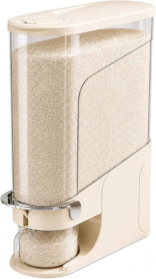 Rice Dispenser 22 Lb, Slim Rice Storage Container with Double Sealing Strip, Press to Dispense Cereal Container Airtight for Kitchen Pantry Organization, (Creamy Yellow-22lb)