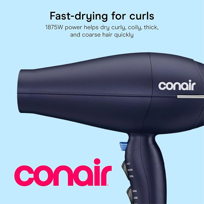 Conair Natural Texture Styling System Hair Dryer | Multi-Chamber Diffuser for Curly, Coily, and Wavy Hair, Dark Blue, 600XRL