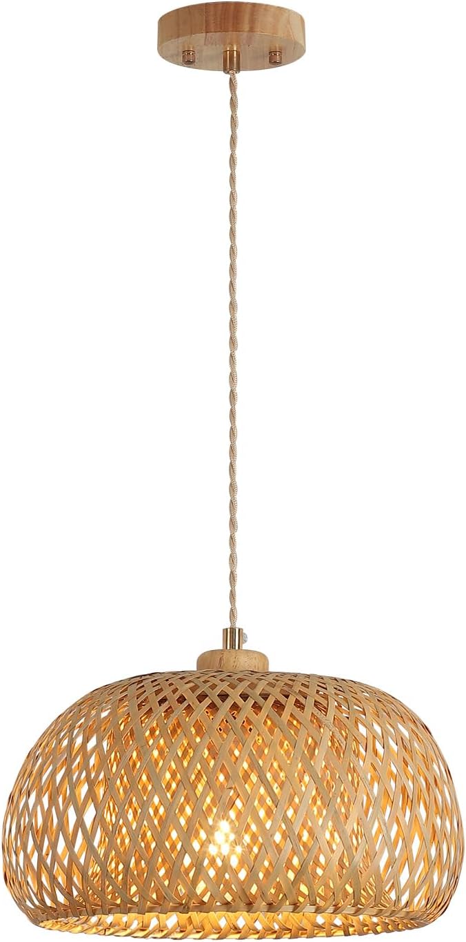 Bamboo Pendant Light Fixture One-Light Adjustable Boho Basket Handmade Woven Pendant Lighting for Kitchen Island Sink Farmhouse Dining Room