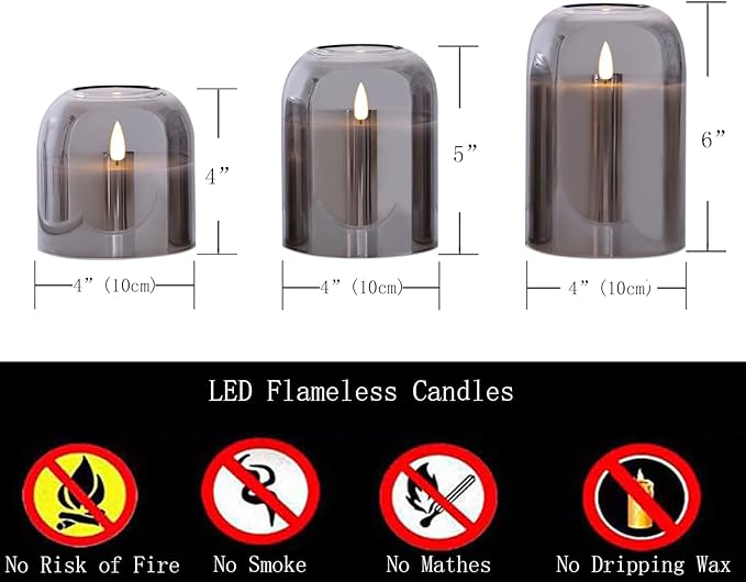 volnyus Grey Glass Flameless Candles with Remote Set of 3 Battery Operated Flickering LED Pillar Candles Real Wax Wick Φ 4"" H 4"" 5"" 6"", Gray