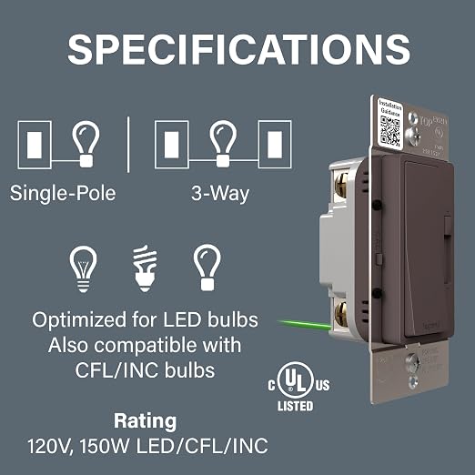 Legrand Radiant 150-Watt Dimmer Light Switch, Single-Pole/3-Way LED Dimmer for Dimmable Lights, RHL153P, Brown