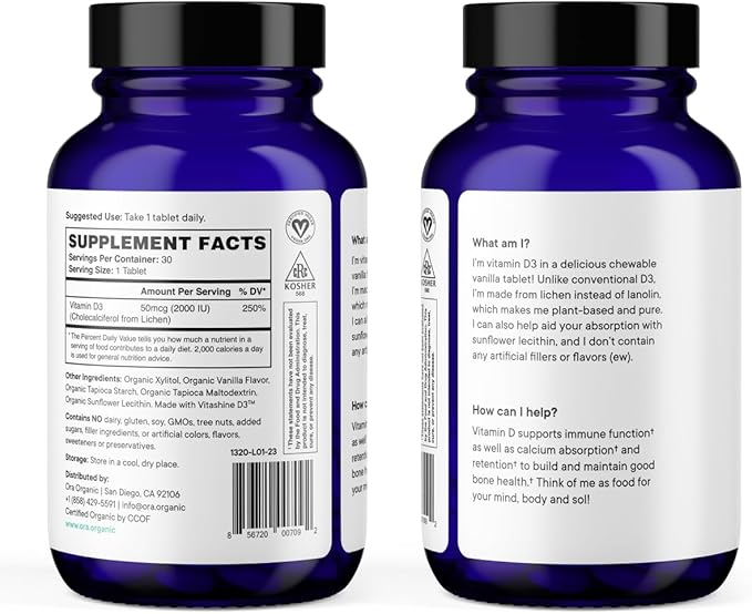 Vitamine D3 Ora Organic 2000 UI – Vitamine D végétalienne à croquer à base de lichen pour la santé des os, le soutien immunitaire et l'humeur | Absorption maximale – 1 mois d'approvisionnement, 30 comprimés à croquer végétaliens à la vanille (lot de 2)