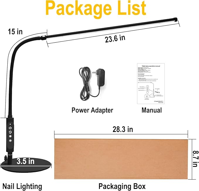 CGBE Led Desk Lamp: 360° Adjustable Nail Light for Desk with 3 Color Modes 5 Brightness, 23.6-Inch Nail Lamp for Desk for Salon Manicurist Tattoo Crafts Sewing Work Reading Game - Black
