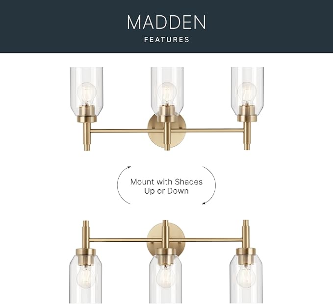 Kichler Madden 3-Light Bathroom Vanity Light Fixture with Clear Glass in Champagne Bronze, Modern Wall Mount Lighting for Single Vanity Mirror (10.5" x 24"), 55185CPZ