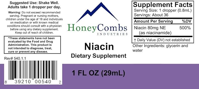 Vitamin B3-Niacin 80mg Niacin Equivalent Drops – Vitamin B Liquid Niacin Drops – Alcohol-free, Non-GMO Niacin Supplement 1oz