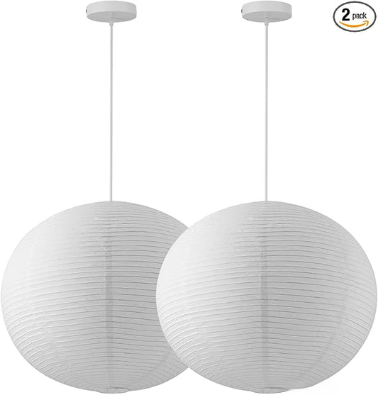Large Rice Paper Pendant Light 2 Pack, 20in White Globe Paper Lantern Lights, E26 Base, Japanese Hanging Lantern Lamp Japandi Chandelier for Dining Room Bedroom Office Living Room
