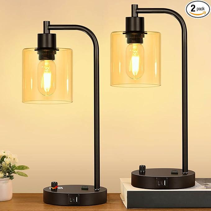 Lynnoland Set of 2 Industrial Table Lamps with USB C+A Ports and Outlet, Black Nightstand Lamps with Amber Glass Shade for Reading Living Room Office (2 LED Bulb)