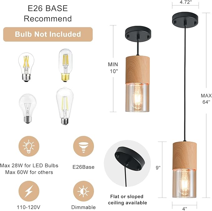Gold Pendant Lights for Kitchen Island, Adjustable Modern Pendant Light Fixtures with Raw Wood Grain, Industrial Amber Glass Pendant Lights for Dining Table Hallway Bedroom Living Room,1 Pack