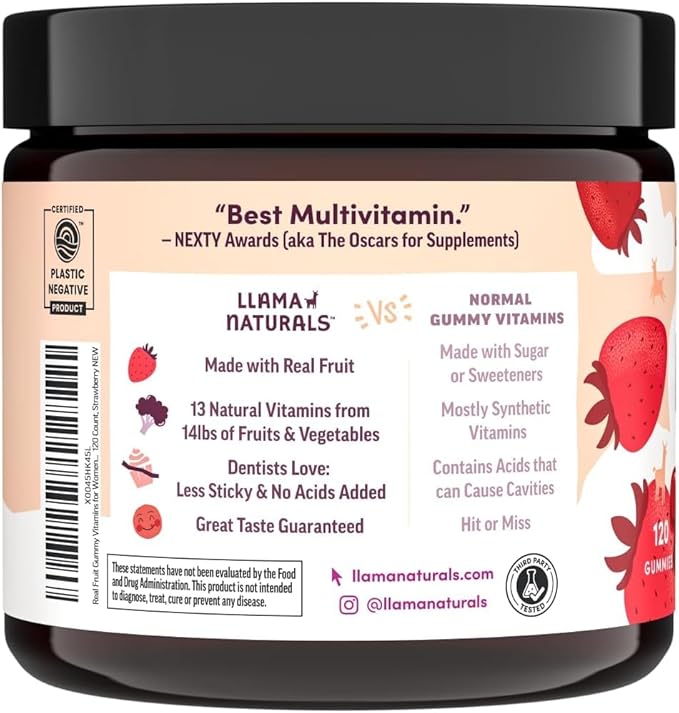 Llama Naturals Multivitamines pour Femmes, Gommes Biologiques Véganes avec Vitamines D, C et K, Véritables Gommes Multivitaminées aux Fruits pour Femmes, Supplément Multivitaminé à Croquer, Sans Sucre de Canne Ajouté, Cerise, 120 unités