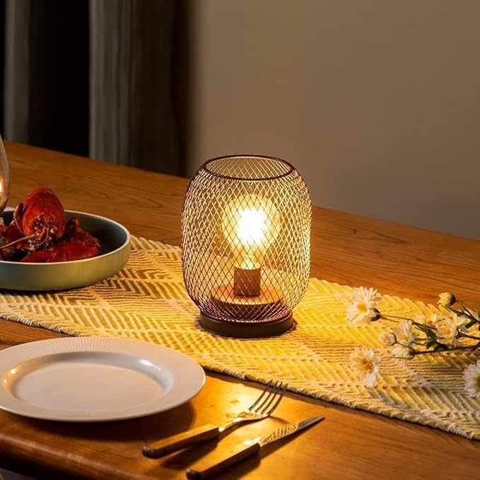Set of 2 Battery Operated Lamp LED Table Lantern, Brown Metal Cage Cordless Lamps with LED Bulb，Vintage Decorative Outdoor Lantern for Weddings, Parties, Patio, Events for Indoors Shelf Decor