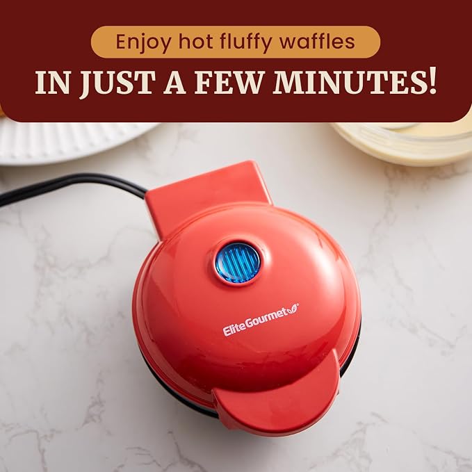 Elite Gourmet EWM015R Electric Nonstick 4.5" Cooking Surface Mini Waffle Maker, Belgian Waffles, Compact Design, Hash Browns, Keto, Snacks, Sandwich, Eggs, Easy to Clean, Red