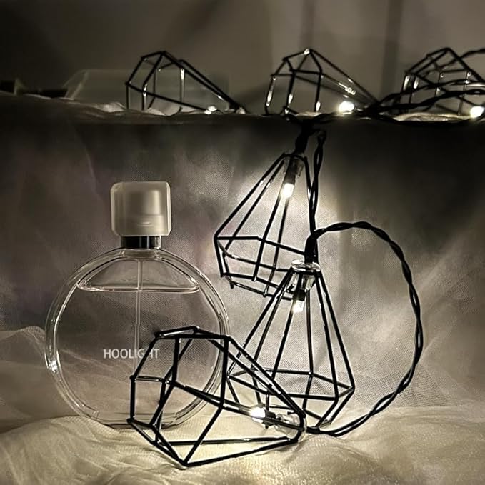 Diamond String Lights 10 LED 6.8 ft Battery Operated, Geometric String Lights Warm White, Black Metal Lamps Decor for Indoor Wedding Party Bedroom Christmas