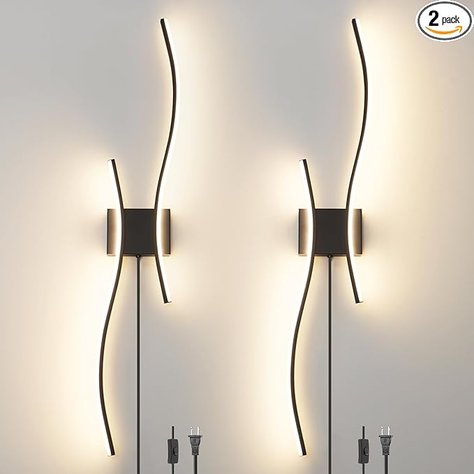 Daunton Modern Black Plug in Wall Sconces Set of 2 - Smart Dimmable LED Wall Lights with Remote, 3CCT Adjustable & Memory Function, Timer Setting - No Wiring Needed for Living Room, Bedroom, Hallway