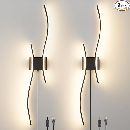 Daunton Modern Black Plug in Wall Sconces Set of 2 - Smart Dimmable LED Wall Lights with Remote, 3CCT Adjustable & Memory Function, Timer Setting - No Wiring Needed for Living Room, Bedroom, Hallway