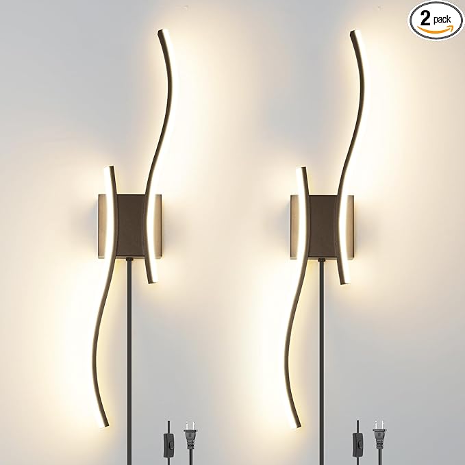 Daunton Modern Plug in Wall Sconce Set of 2, Black Dimmable LED Wall Light with Remote Control, 3CCT Adjustable & Memory Function, Timer, Plug in Cord Wall Lamp for TV Wall Living Room Hallway Bedroom