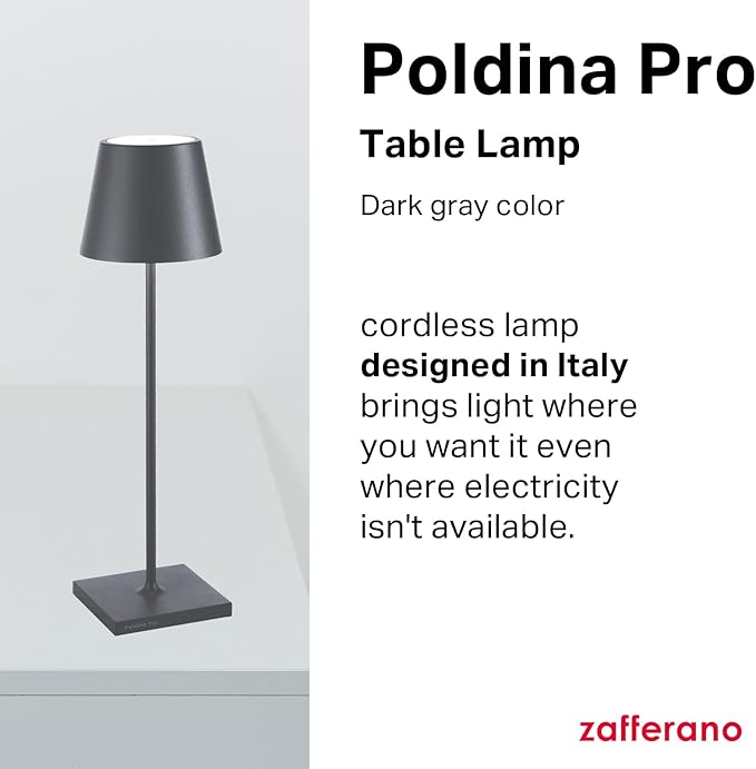 Zafferano, Poldina Pro Lamp, Rechargeable Cordless Table Lamp with Touch Controls, Suitable for Indoor and Outdoor, Dimmer, 2200-3000 K, Height 14.9 Inches, Dark Gray Color