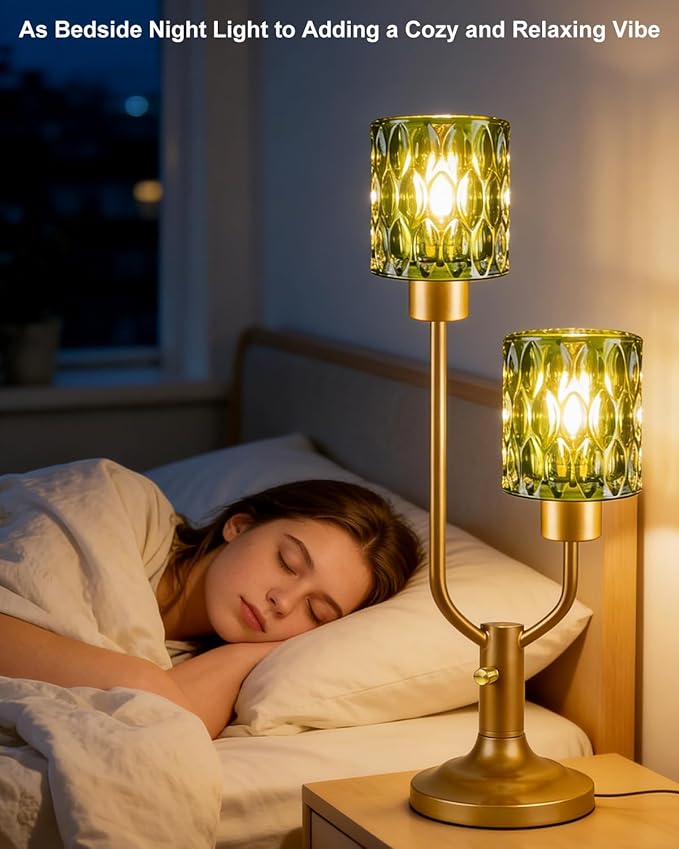 Lightdot Mid Century Modern Green Table Lamp for Bedroom Dimmable Nightstand Lamp Vintage Glass Gold Desk Lamp 2 Bulbs Included Warmwhite Ambient Bedside Lamps for Living Room Home Office Decor Gift