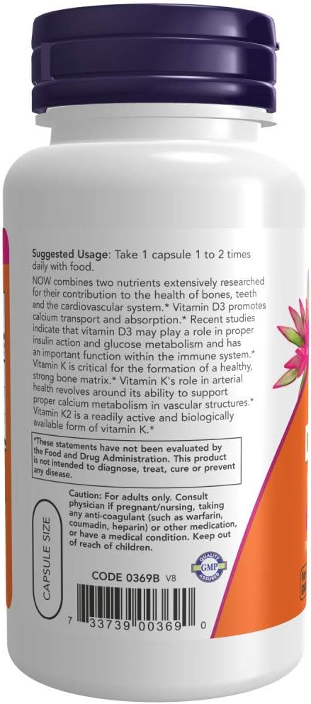 NOW Foods Vitamine D-3 et K-2, 120 gélules végétales (paquet de 2)