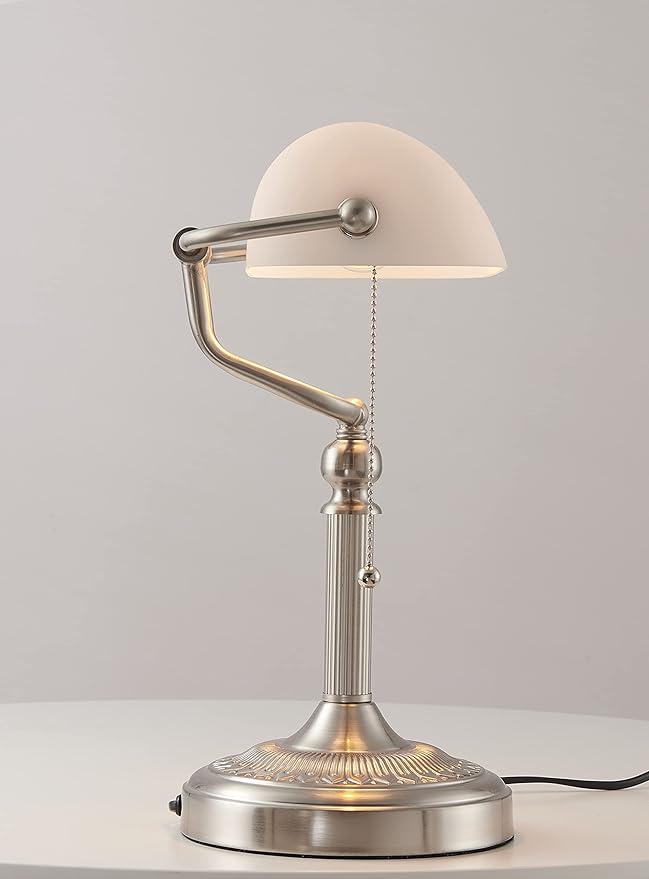 White Matted Glass Bankers Desk Lamp with Pull Chain Switch Plug in Fixture,Sand Nickel Base