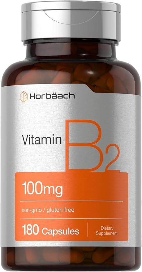 Horbäach Vitamine B2 100 mg | 180 Capsules | Supplément de Riboflavine | Sans OGM et Sans Gluten