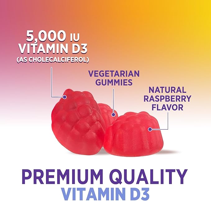 Vitamin D3 Gummies 5000 IU (125 mcg) - 3X Strength Immune Support and Bone Support, Vitamin D Gummy Dietary Supplement, Nature's Berry D Vitamin Supplement, Raspberry Flavored, Non-GMO - 60 Gummies