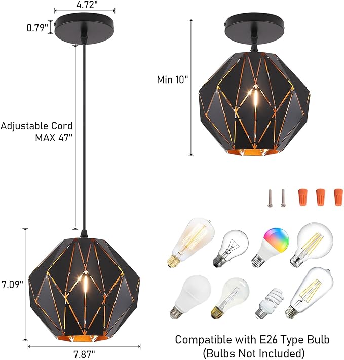 baunoisk Pendant Light Industrial Vintage Pendant Lamp Retro Farmhouse Ceiling Hanging Light Fixture Black Metal Creative Geometric Diamond Shade Pendant Lighting for Kitchen Island