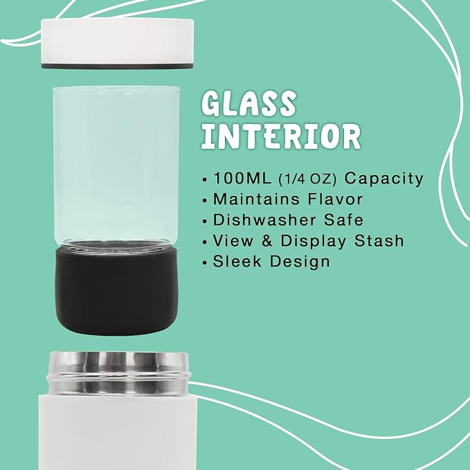 nugbuddy Mini Airtight Storage Container - Vacuum Sealed Insulated w Nested Glass Jar - UV Protection, Temperature Controlled Stainless - 100 ml (1/4 Oz)