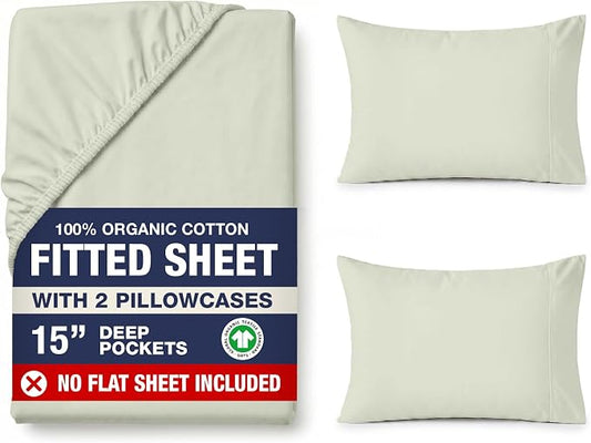 LANE LINEN 100% Organic Cotton Fitted Bed Sheets Queen Size (+Pillowcases) Soft & Comfy Percale Weave Fully Elasticized Low Pilling Fade Resistant Deep Pocket Fits Mattress Upto 15" - Mineral