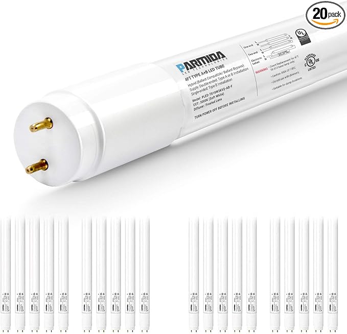 PARMIDA 20-Pack 4FT LED T8 Hybrid Type A+B Light Tube, 18W, Plug & Play or Ballast Bypass, Single-Ended OR Double-Ended Connection, 2200lm, Frosted Cover, T8 T10 T12, UL - 6000K