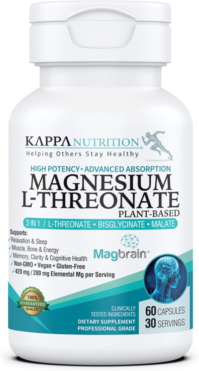 カッパ・ニュートリション マグブレイン™配合 マグネシウムL-トレオニン酸塩 植物性、ビーガンカプセル60粒入り、元素マグネシウム420mg（3カプセル）2,253mg由来、脳、睡眠、筋肉のサポート。