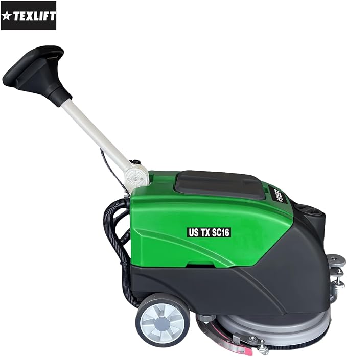 Walk-Behind Commercial Floor Scrubber Machine, 16″ Cleaning Width, Battery Powered Scrubber Dryer with 9 Gal Tank for Warehouse, Retail & Facility Cleaning (US-TX-SC16)