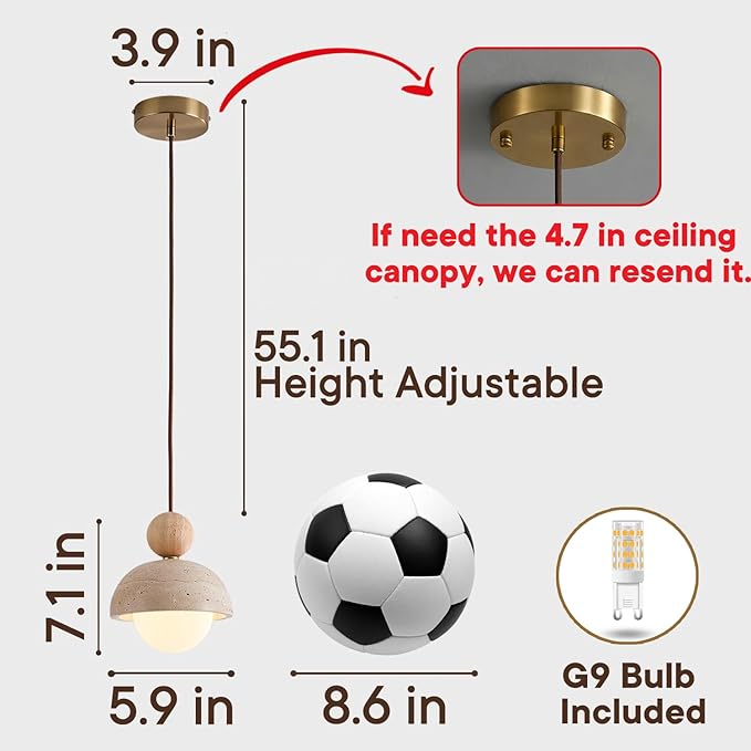 Natural Stone Pendant Light, Wabi Sabi Travertine & Wood Hanging Lamp for Kitchen Island, Hallway, Bedroom, Dining Room Ceiling Decor (G9 Bulb, 5.9 in Stone Round, 1pcs)