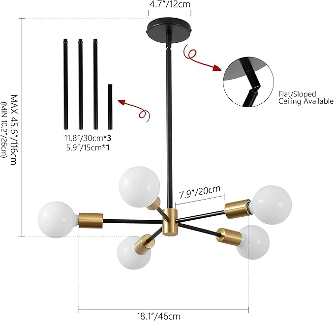 KAISITE Sputnik Chandelier Light Fixture - Modern 5-Light Sputnik Ceiling Light Height Adjustable Gold and Black Hanging Pendant Lighting for Living Room Kitchen Bedroom Hallway Farmhouse