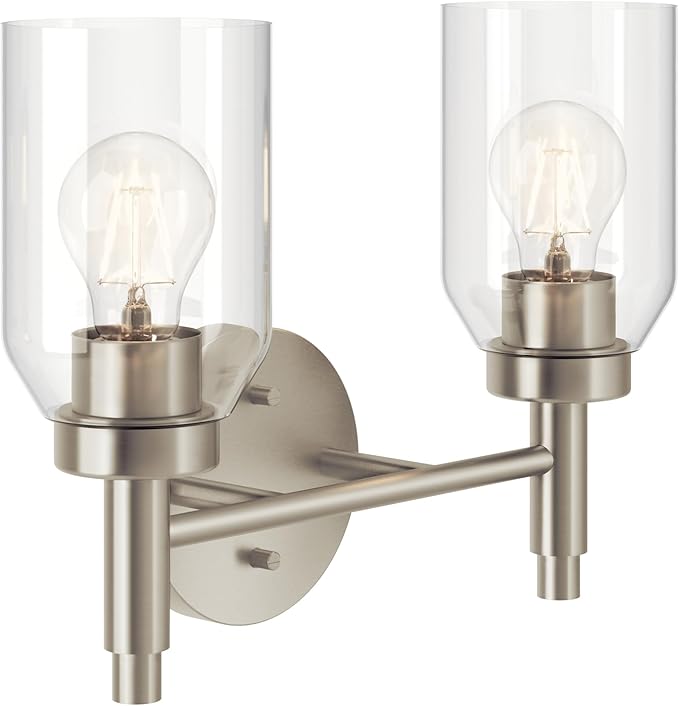 Kichler Madden 2-Light Bathroom Vanity Light Fixture with Clear Glass in Brushed Nickel, Modern Wall Mount for Single or Double Vanity Over Mirror (10.5" x 14.25"), 55184NI