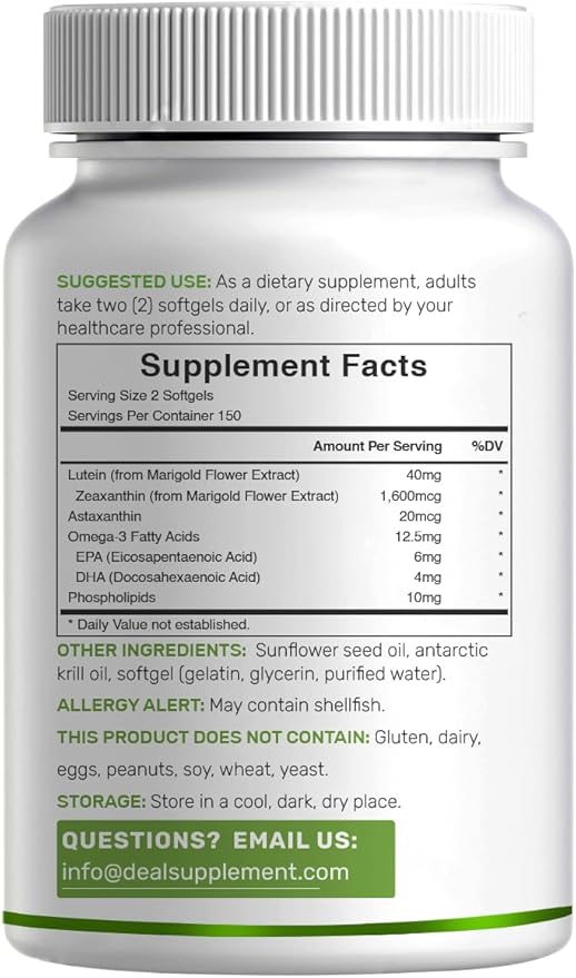 Lutein and Zeaxanthin Supplements, 40mg Per Serving, 300 Softgels – Plus Astaxanthin, Omega-3s, & Phospholipids – Non-GMO