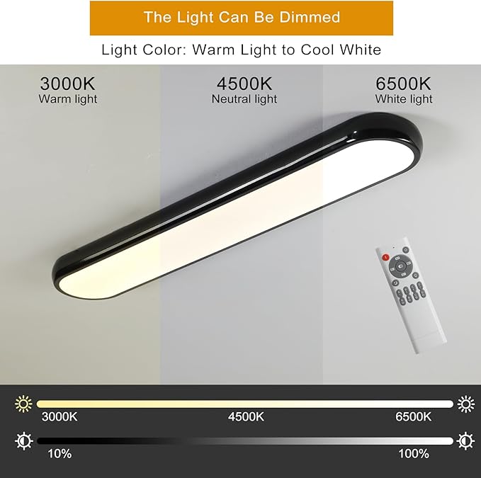 Qcyuui Modern LED Ceiling Light,Dimmable Semi Flush Mount Ceiling Light,39.4 in Long Ceiling Light Fixture,Kitchen Lighting Fixtures Ceiling for Office Bedroom Hallway(Black/48W/3000-6500K)