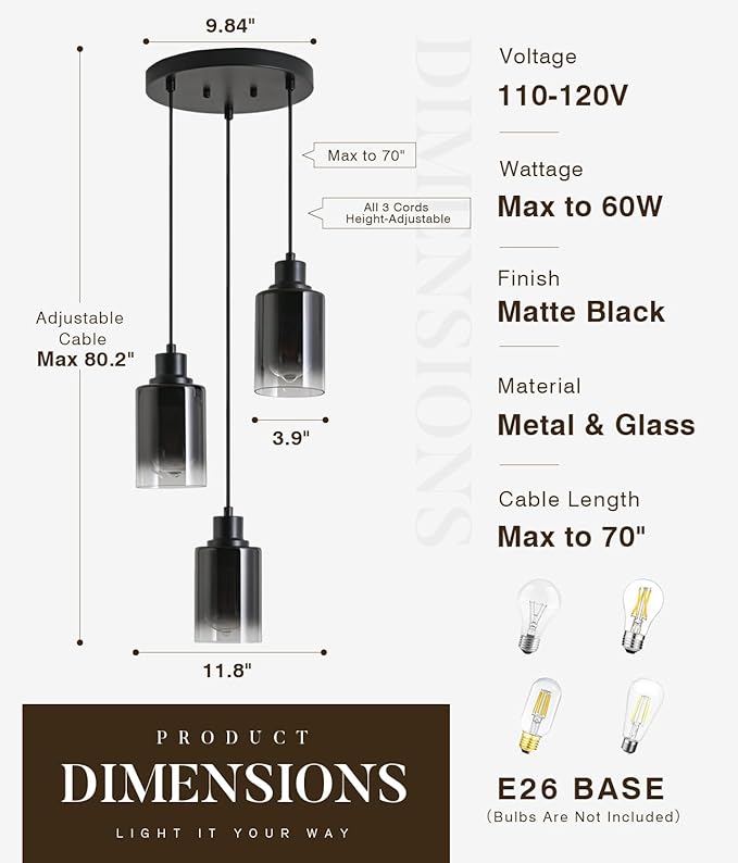 3-Light Black Pendant Lighting, Adjustable Modern Pendant Lights for Kitchen Island, Industrial Cluster Hanging Lights for Dining Table Hallway Bedroom Living Room